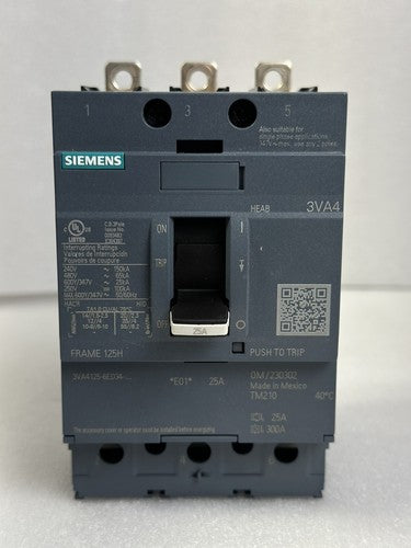 Siemens 3VA4125-6ED34-0AA0 25A 3-Pole 3VA4 H-Class Bolt-On Circuit Breaker - product image 1