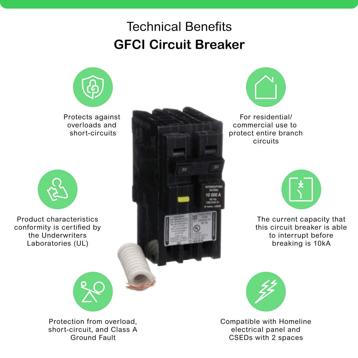 Square D HOM230GFI 30-Amp 2-Pole Class A GFCI Circuit Breaker 120/240V 10kA Homeline (Plug-In) - product image 2