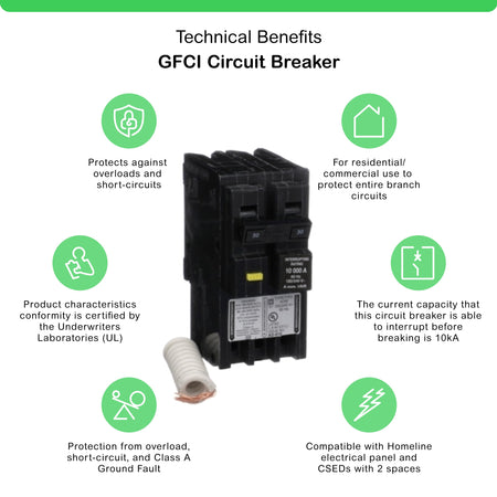Square D HOM230GFI 30-Amp 2-Pole Class A GFCI Circuit Breaker 120/240V 10kA Homeline (Plug-In) - product image 2