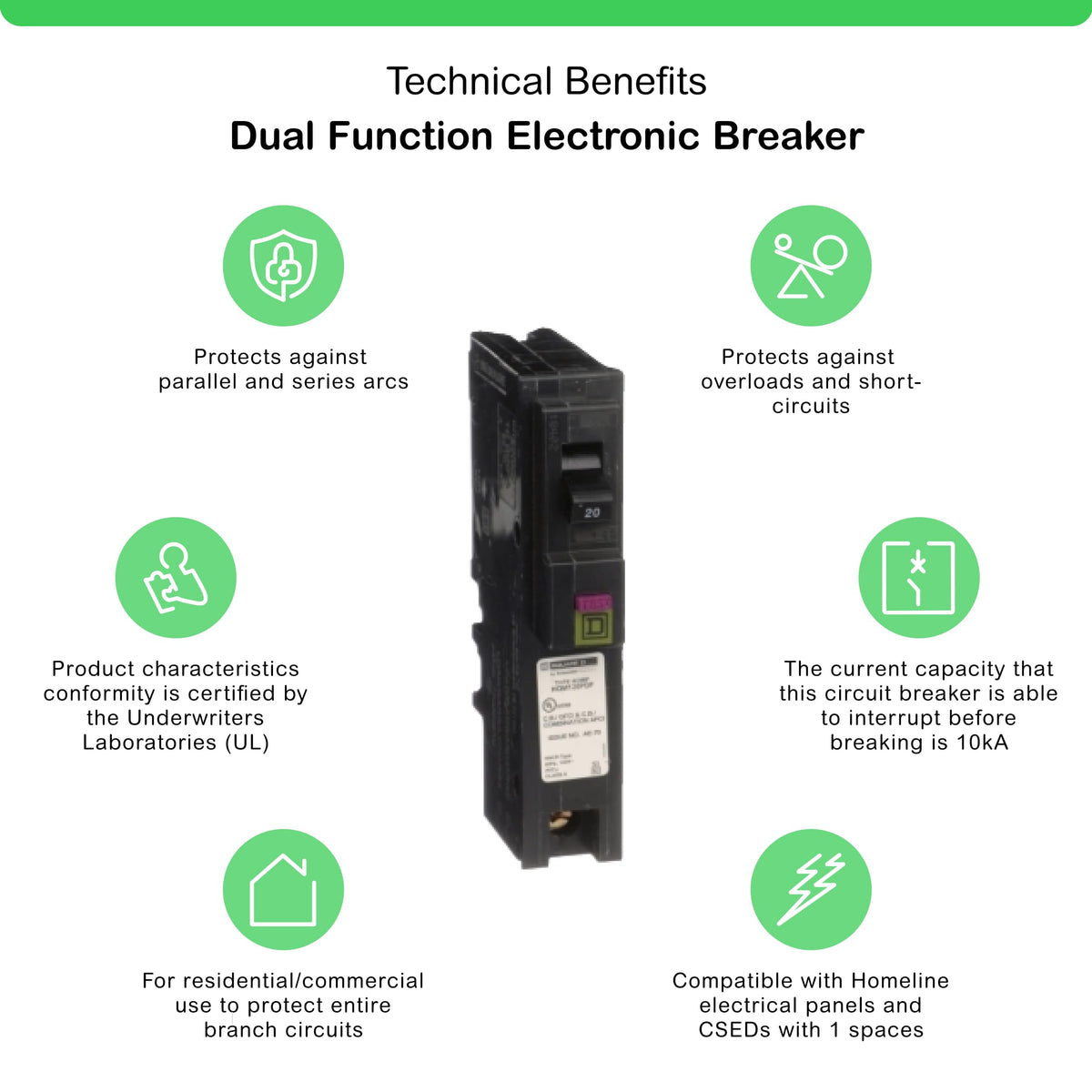 Square D HOM120PDF 20A 1-Pole 120V 10kA Dual-Function CAFCI/GFCI Plug-On Neutral Circuit Breaker - product image 2