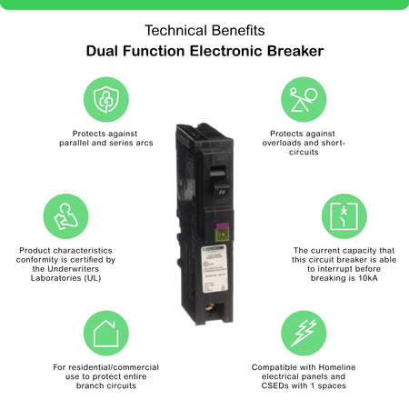 Square D HOM120PDF 20A 1-Pole 120V 10kA Dual-Function CAFCI/GFCI Plug-On Neutral Circuit Breaker - product image 2