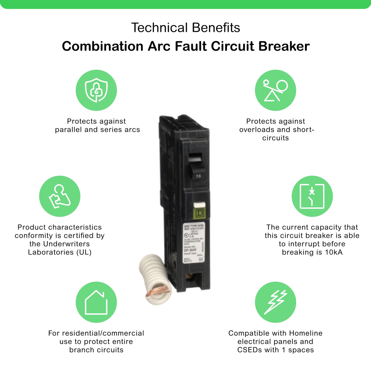 Square D HOM115CAFI 15A 1-Pole 120V 10kA CAFCI Pigtail Neutral Circuit Breaker - product image 2