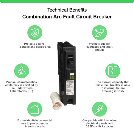 Square D HOM115CAFI 15A 1-Pole 120V 10kA CAFCI Pigtail Neutral Circuit Breaker - product image 2