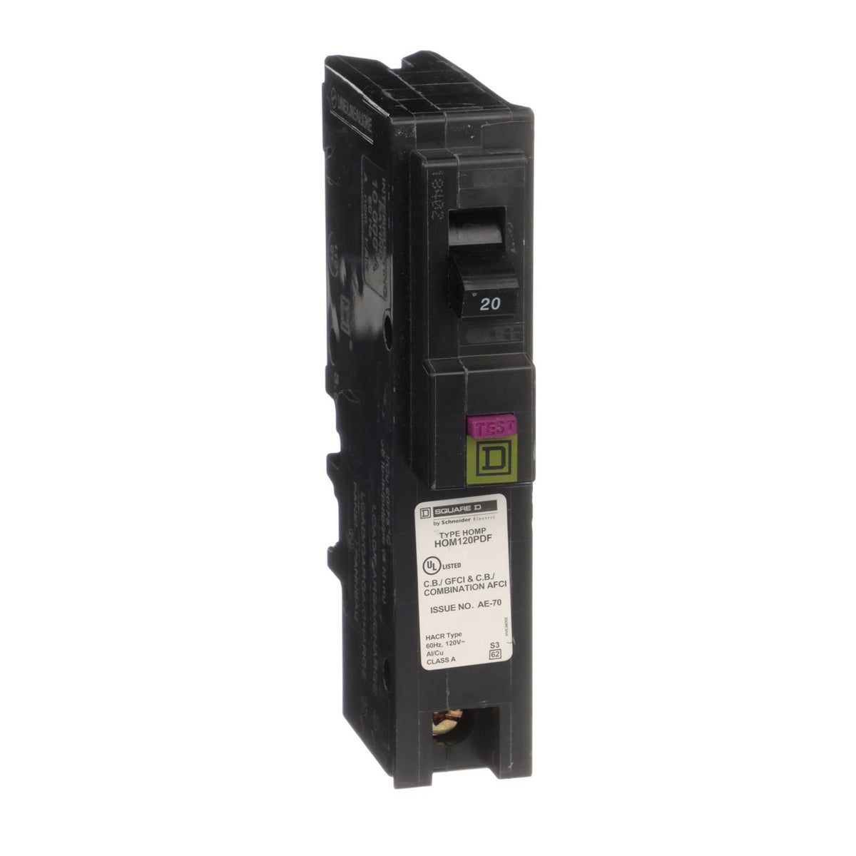 Square D HOM120PDF 20A 1-Pole 120V 10kA Dual-Function CAFCI/GFCI Plug-On Neutral Circuit Breaker - product image 4