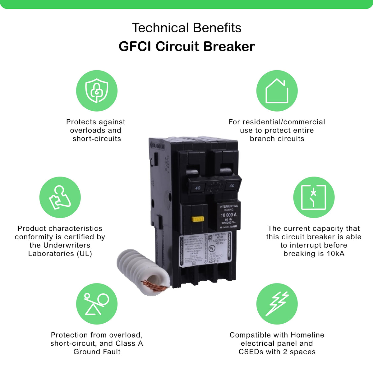 Square D HOM240GFI 40A 120/240V 2-Pole Class A GFCI Plug-In Circuit Breaker 10kAIC - product image 2