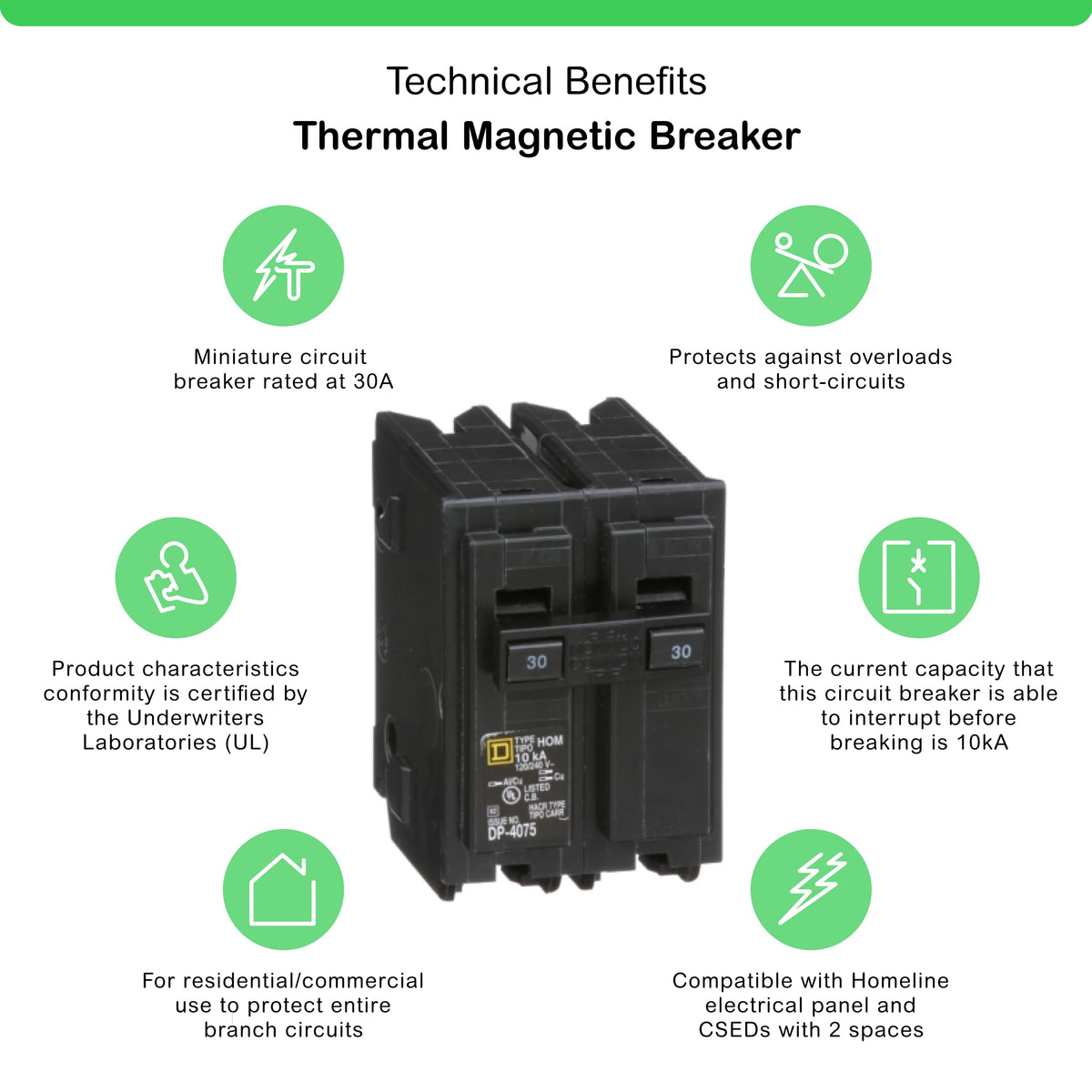Square D HOM230 30A 120/240V 2-Pole Thermal-Magnetic Plug-In Circuit Breaker 10kAIC - product image 2