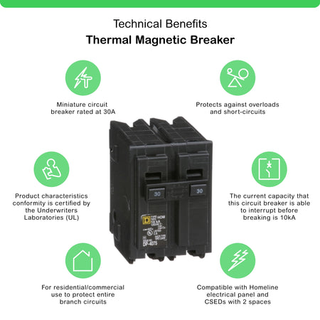 Square D HOM230 30A 120/240V 2-Pole Thermal-Magnetic Plug-In Circuit Breaker 10kAIC - product image 2