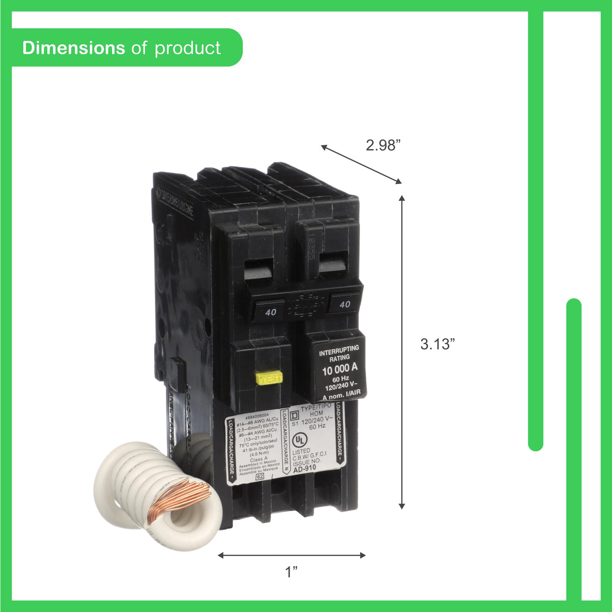 Square D HOM240GFI 40A 120/240V 2-Pole Class A GFCI Plug-In Circuit Breaker 10kAIC - product image 3