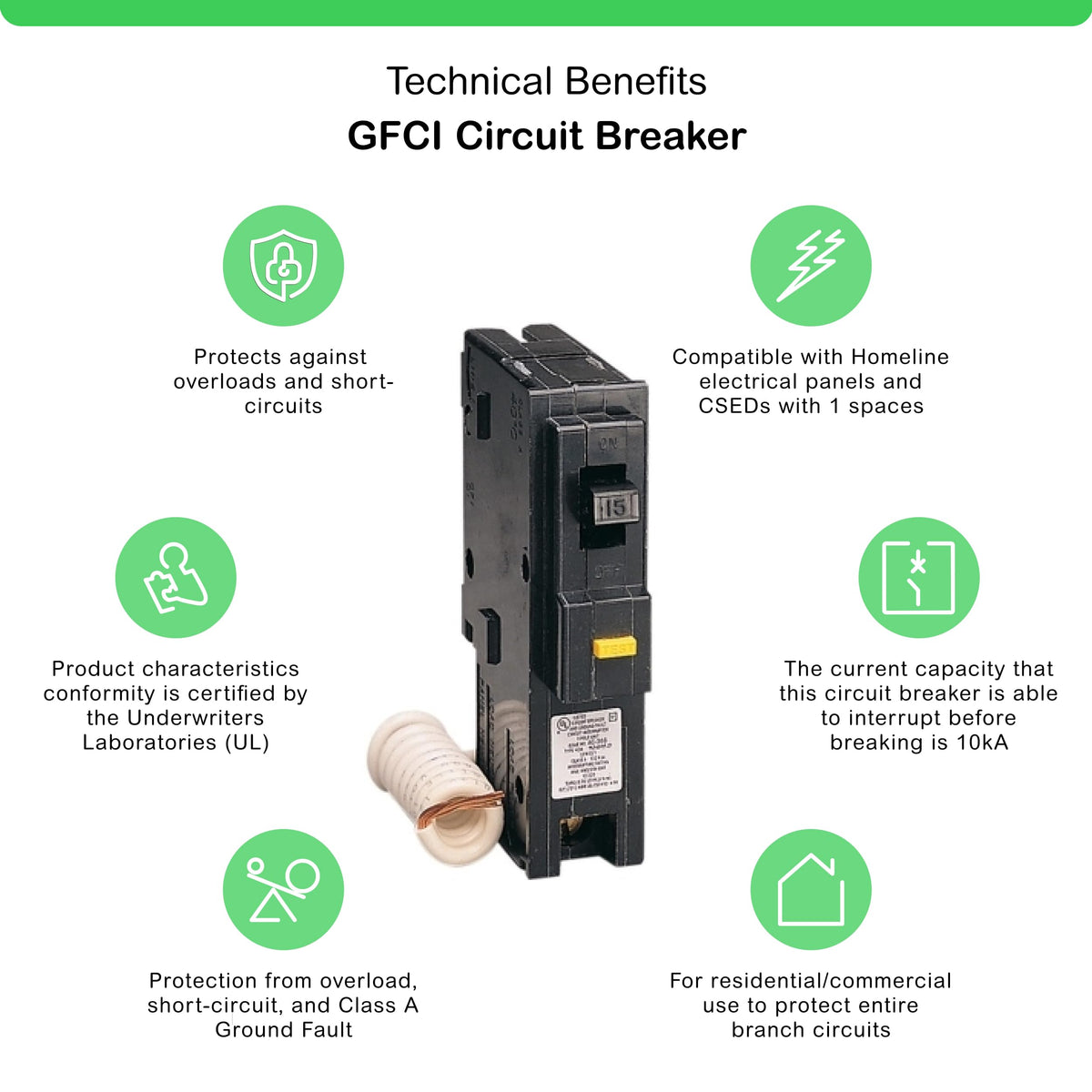 Square D HOM115GFI 15-Amp 1-Pole GFCI Circuit Breaker 120V 10kAIC Type Homeline (Plug-On) - product image 2