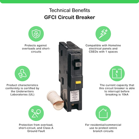 Square D HOM115GFI 15-Amp 1-Pole GFCI Circuit Breaker 120V 10kAIC Type Homeline (Plug-On) - product image 2
