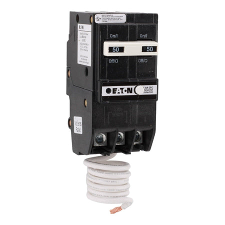 Eaton BRN250GF 50A 2-pole GFCI circuit breaker front view with pigtail neutral