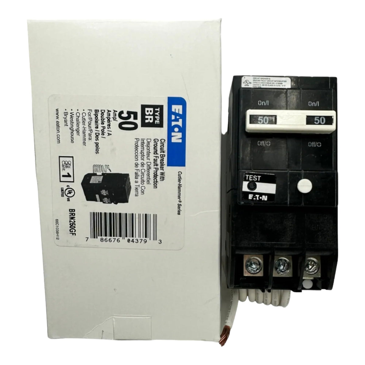 Eaton BRN250GF Type BR 50A GFCI circuit breaker and packaging label