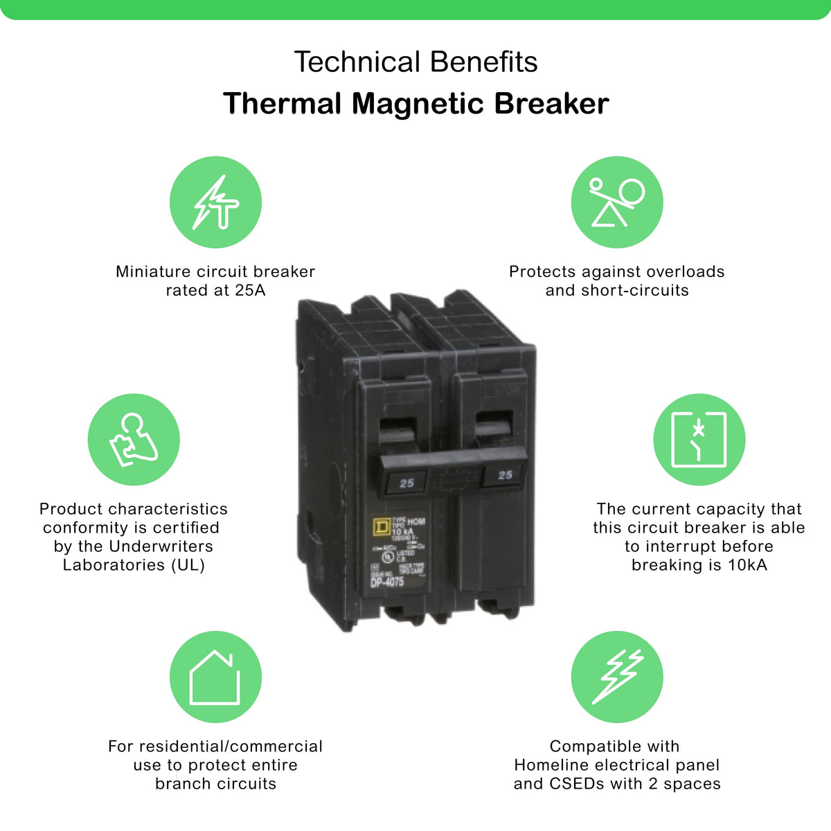 Square D HOM225 25-Amp 2-Pole Thermal Magnetic Circuit Breaker 120/240V 10kAIC Type Homeline (Plug-On) - product image 2